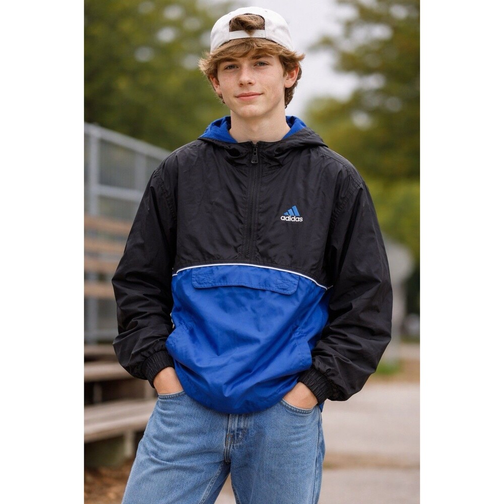 Vintage Adidas Windbreaker Youth XL 18 Black Blue 1/4 Zip Pullover Y2K